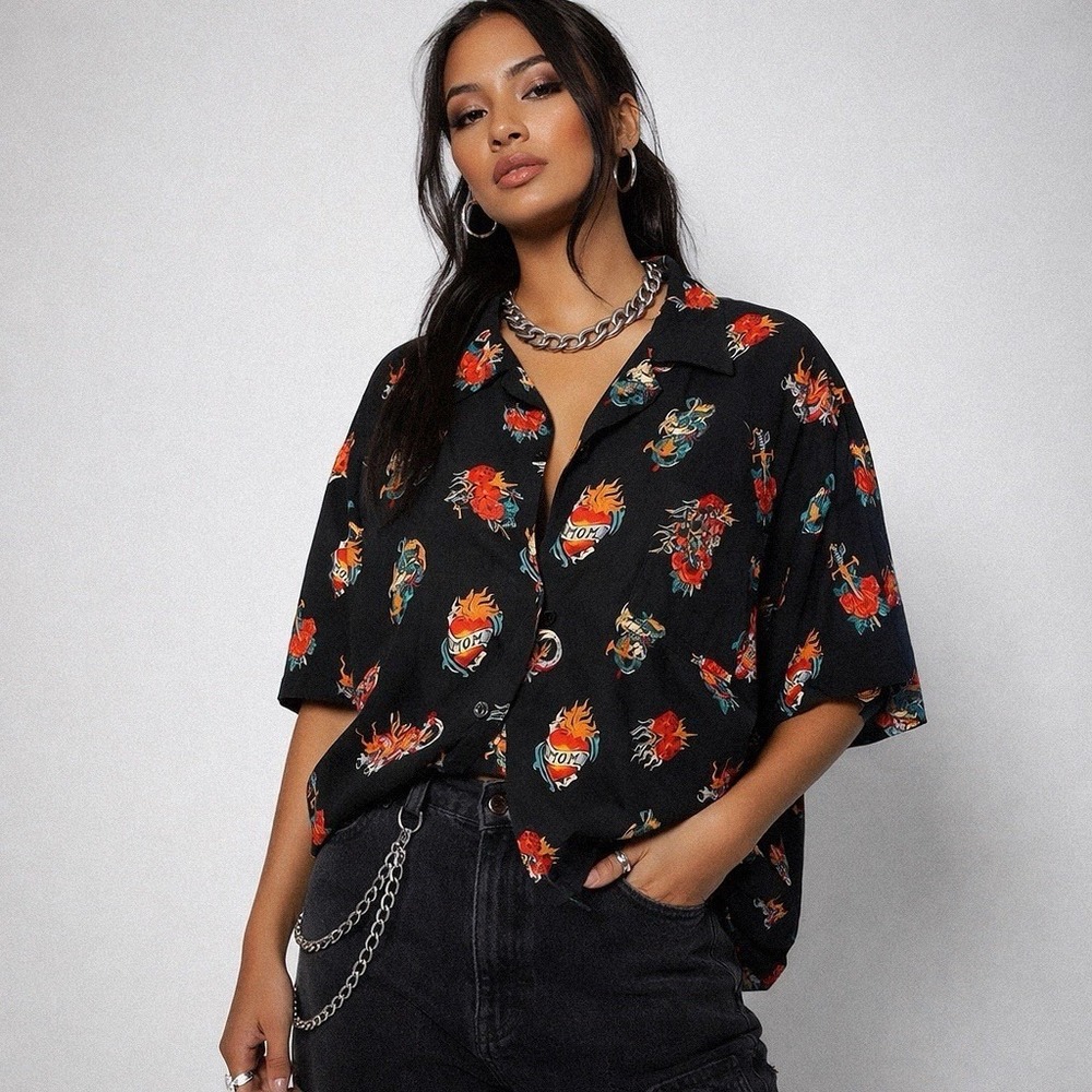 Kennington Red Dragon Y2K Tattoo Shirt Black‎ Dice Flame Rockabilly XL